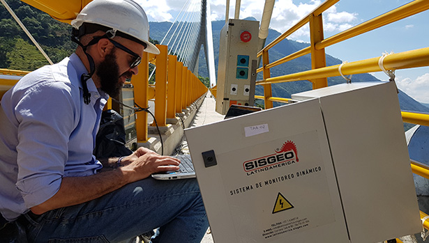 this picture shows a technician during the final test on Hisgaura Bridge in Colombia. The SHM includes some statical sensors and many dynamic sensors like accelerometers.