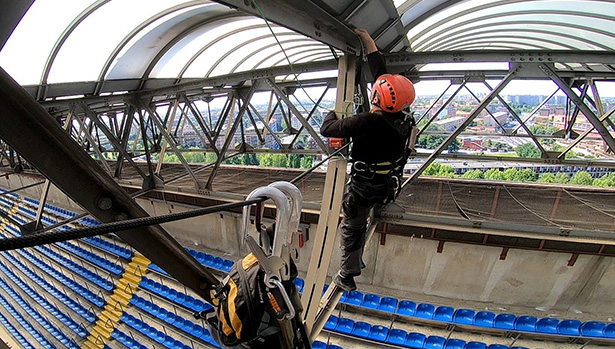 this picture shows a specialised technician during the installation of tilt meters on the roof of San Siro stadium in Milan.